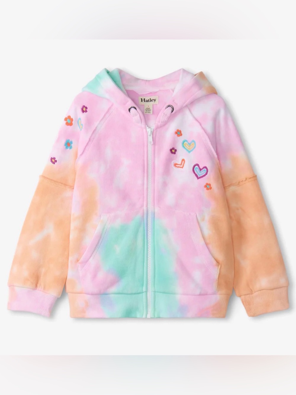 Hatley Pastel Tie-Dye Zip Hoodie with Heart & Flower Embroidery - Pink Multi